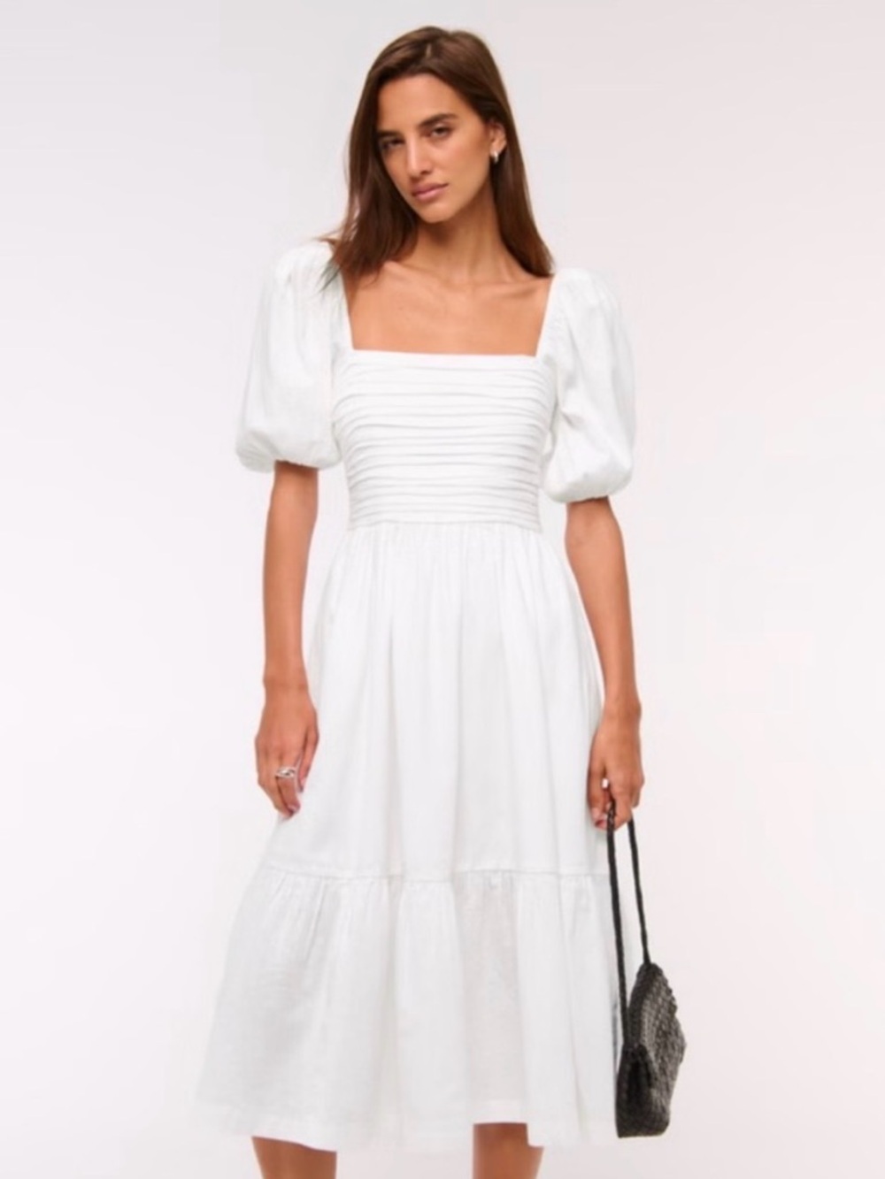 Abercrombie & Fitch White Square-Neck Puff Sleeve Midi Dress